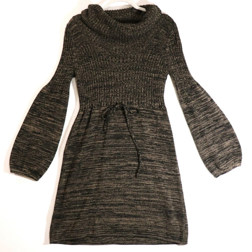 Calvin Klein Knit Sweater Dress Tan Belted W/ Cowl Neck Balloon Sleeve Size M